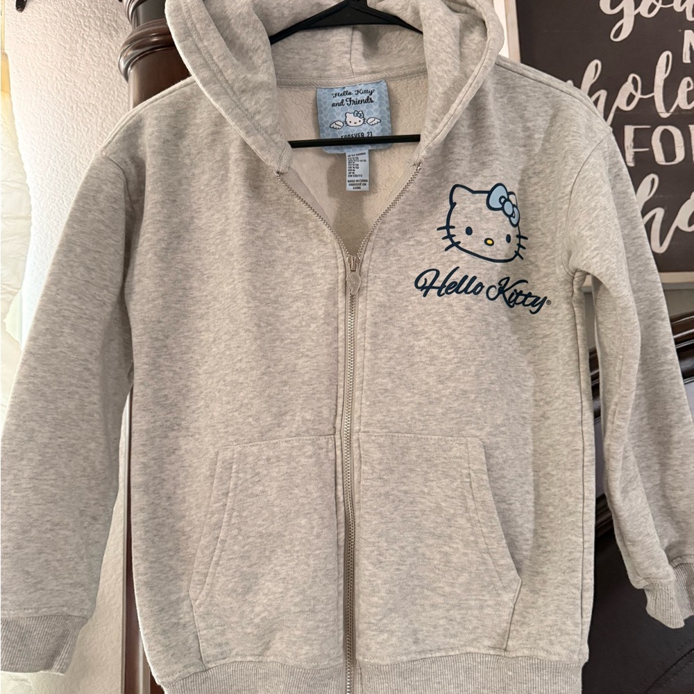 Forever 21 Girls' Light Gray Hello Kitty Zip Hoodie with Blue Bow Accent
